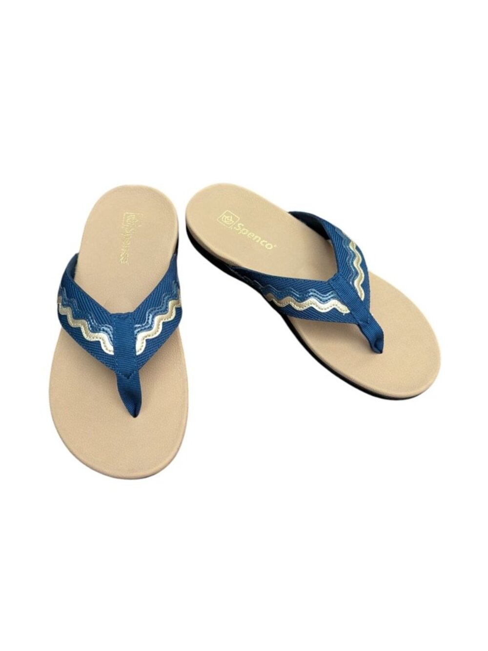 Spenco La Paz Navy Blue Gold Orthotic Flip Flops with Hard Bottom Size 8